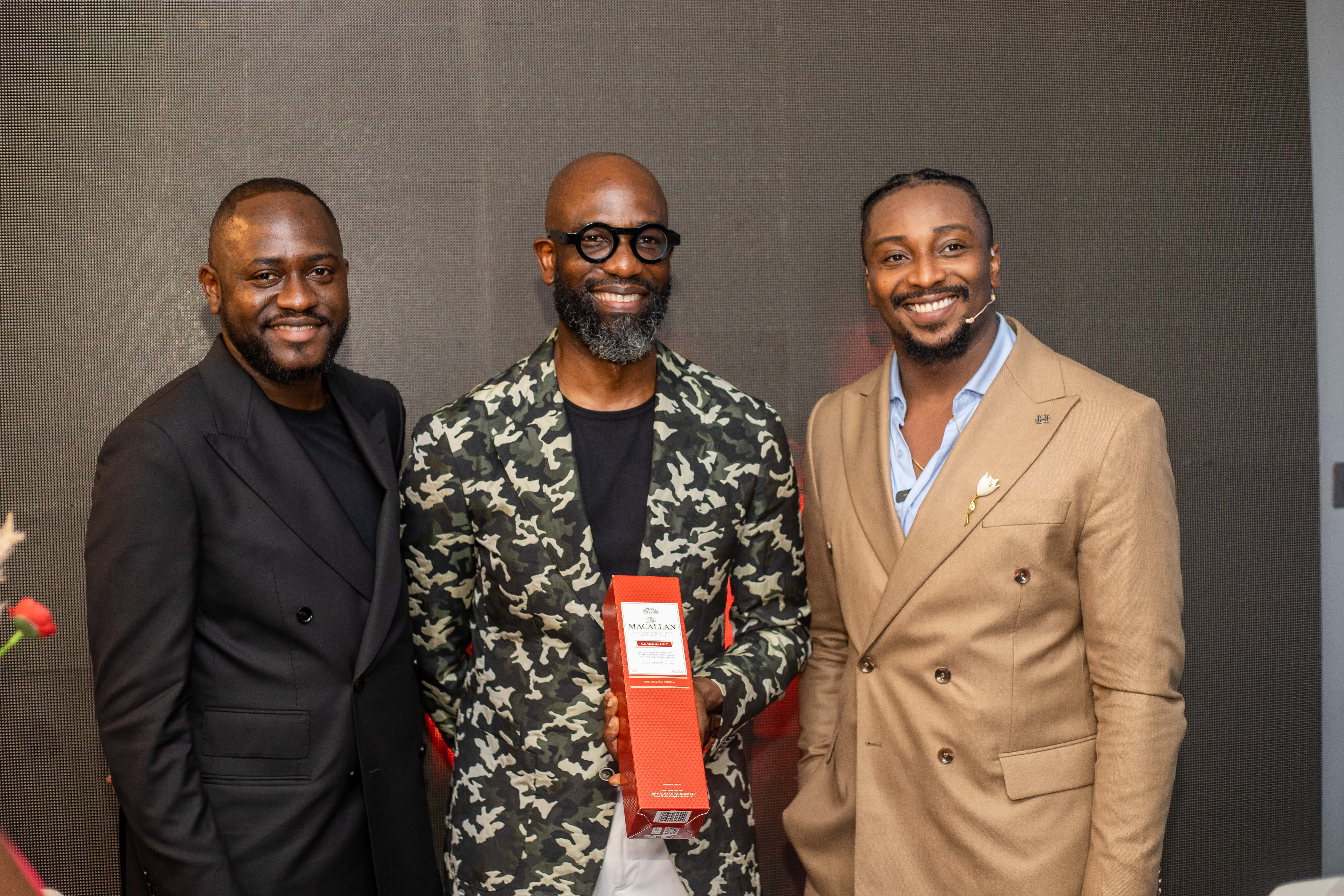 L-R: Brand Manager, Edrington Portfolio, Nigeria, Hammed Adebiyi; Creative Director, ATAFO, Mai Atafo and The Macallan Brand Educator and Ambassador, Lagos, Daniel Atteh during the unveiling of The Macallan Classic Cut 2023 Edition at the ATAFO Studio, Lekki, 